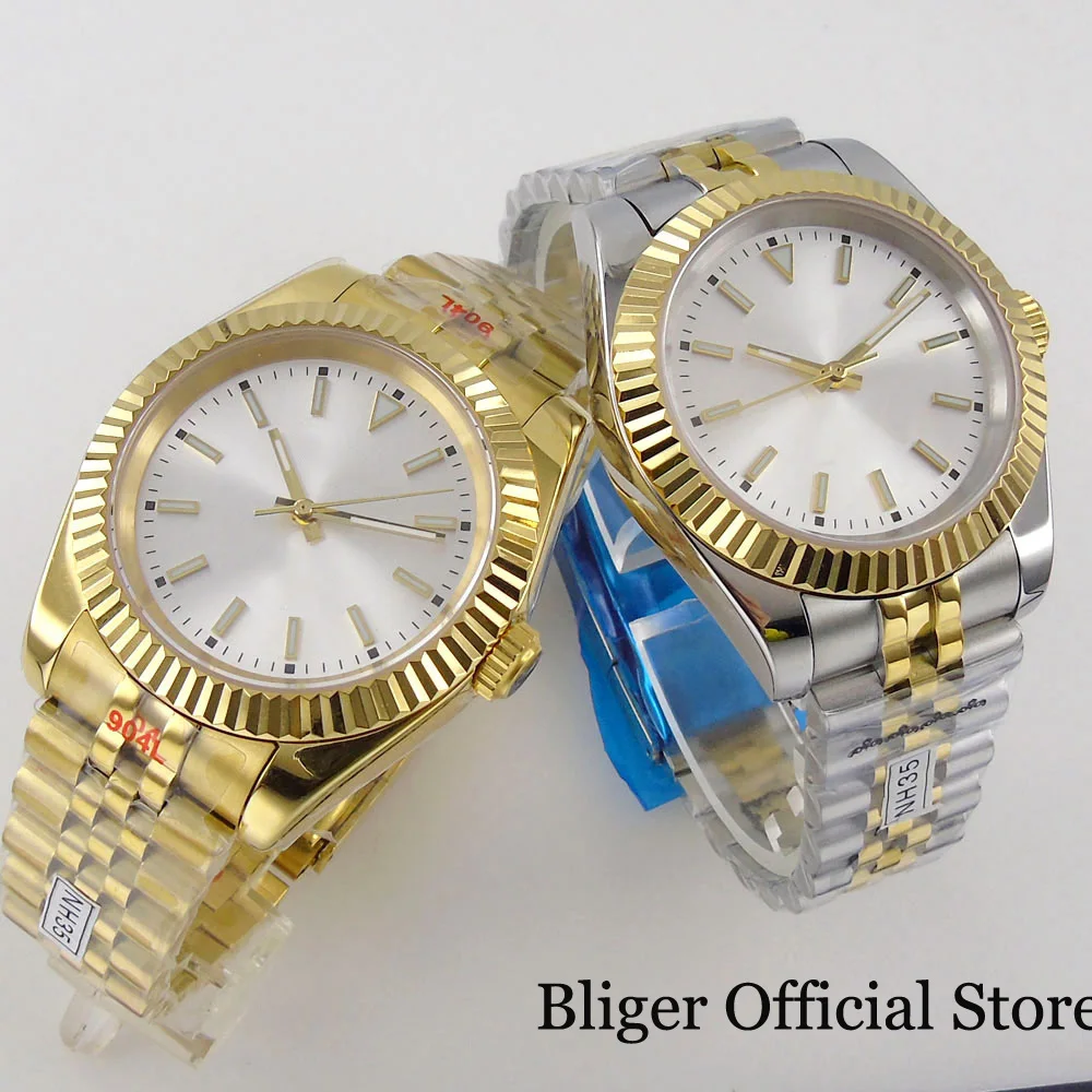 Nologo Fluted Gold Men Watch 36mm 39mm Automatic Men Watch NH35A PT5000 MIYOTA Glass Back Silver Gold Dial Jubilee Band