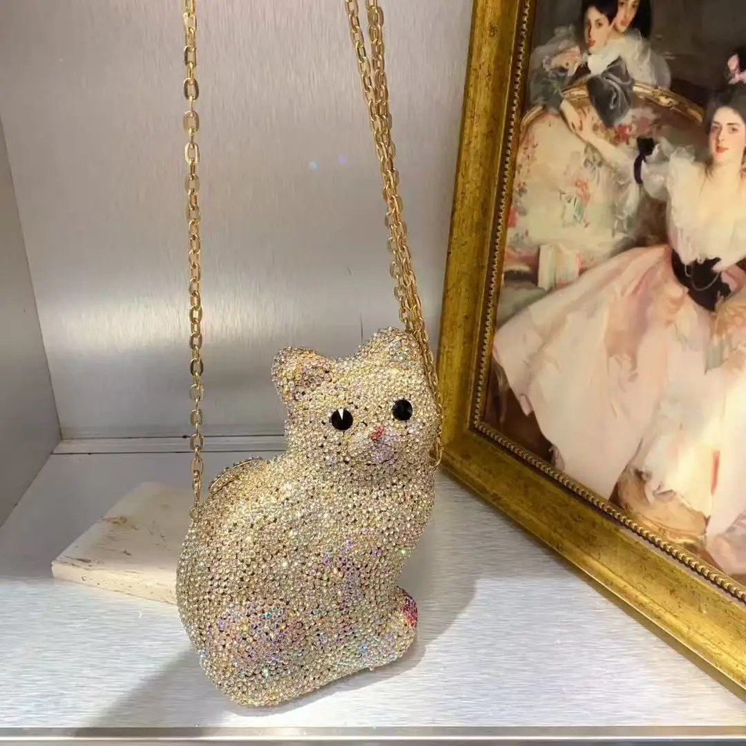 Gold Cute Cat Shape Women Handbag Wedding Party Crystal Rhinestones Diamond Clutch Purse Luxury Glitter Evening Bag Shoulder Bag - Image 5