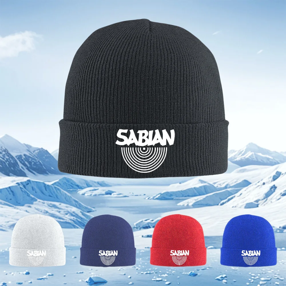 Blanc SABIAN logo design circulaire Hommes Femmes Unisexe Tricoté Chapeau Beanie Pull Cap Hiver Thermique Chaud Noël En Plein Air Cyclisme