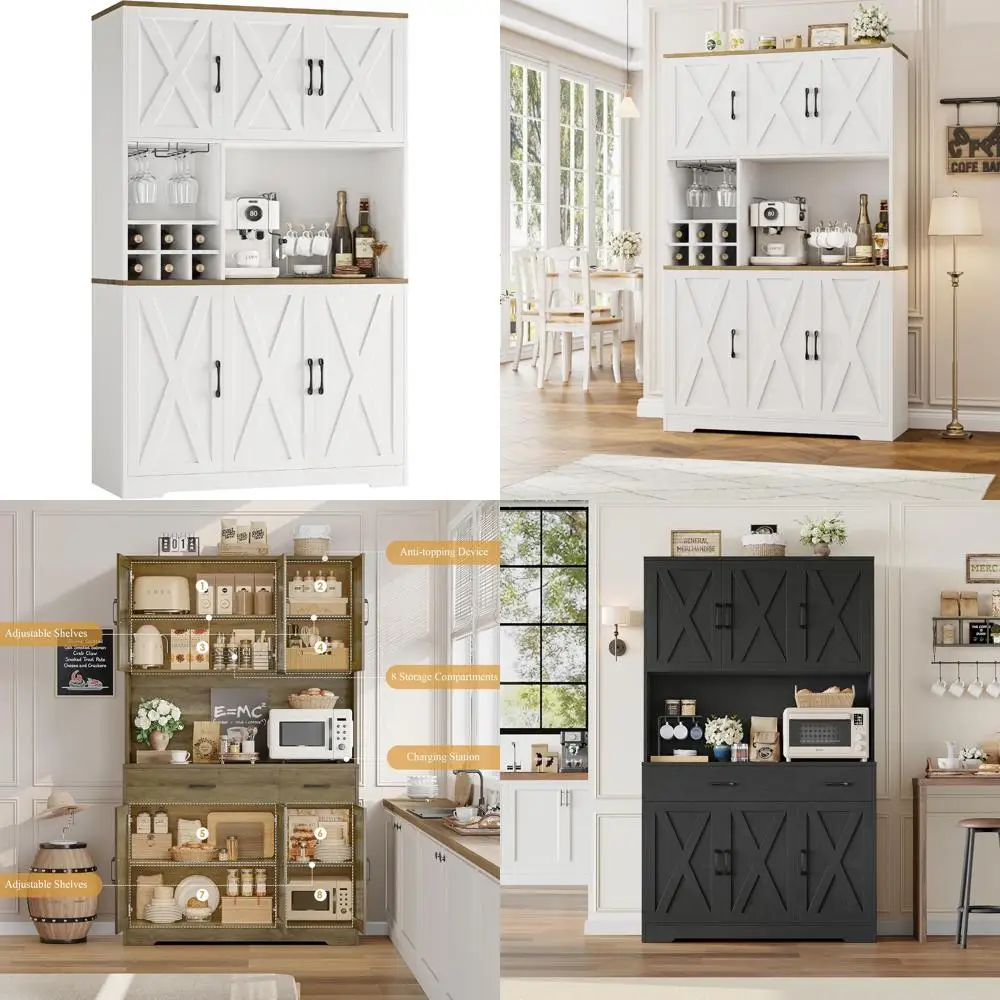 Kitchen Pantry Storage Cabinet with Microwave Stand, 71 Tall Farmhouse Style Food Pantry Hutch and Coffee Bar