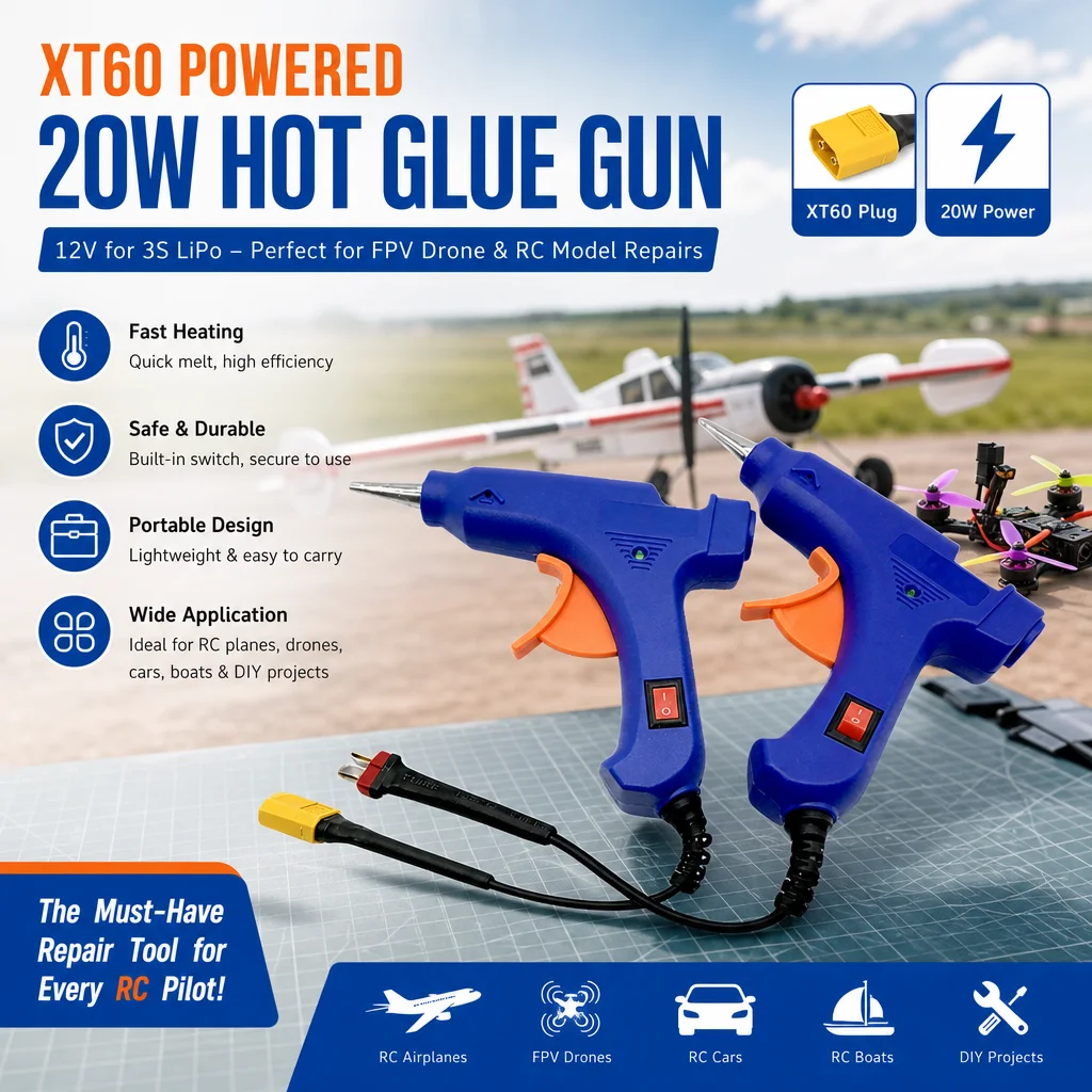 XT60 Powered 20W Hot Glue Gun - 12V for 3S LiPo, Portable Field Repair Tool for FPV Drone & RC Model Fixing