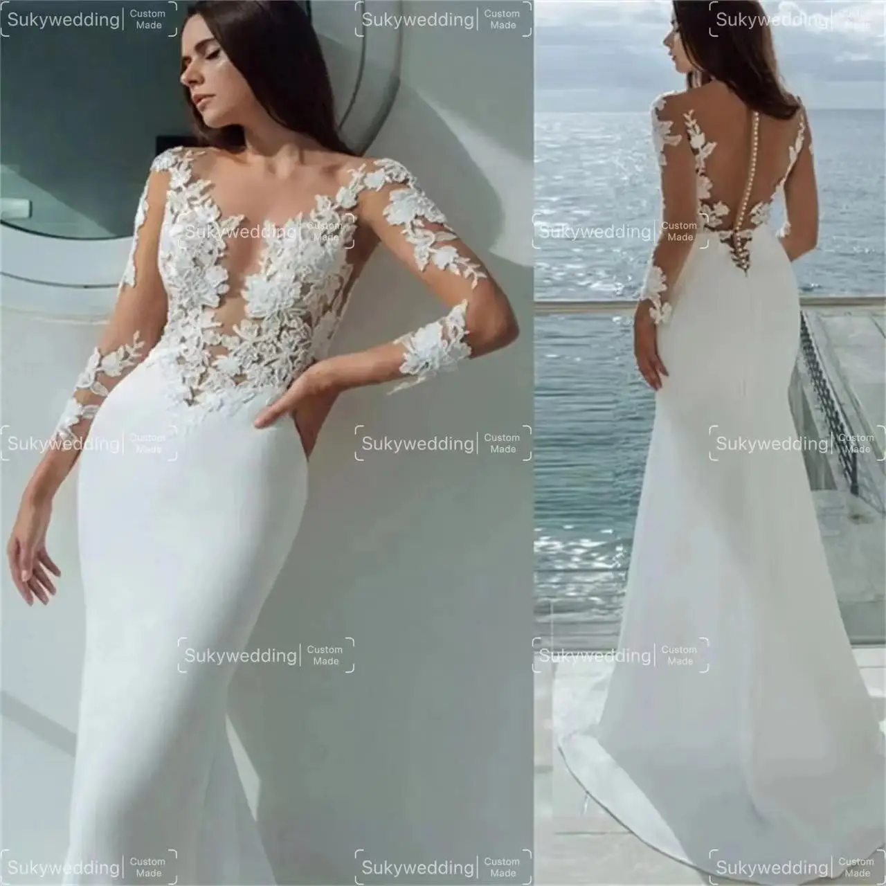 Crochet Lace Bohemian Wedding Dresses Sheer Long Sleeves Thin Sheer Crew Beach Bride Gown Hippe Country Wedding Gowns