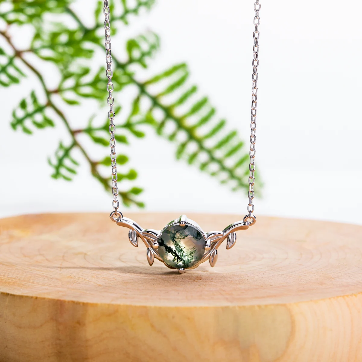 AliMoss 8*8mm Round Cut Moss Agate Necklace 925 Sterling Silver Olive Branch Pendant(18+2in) for Women Anniversary Gifts