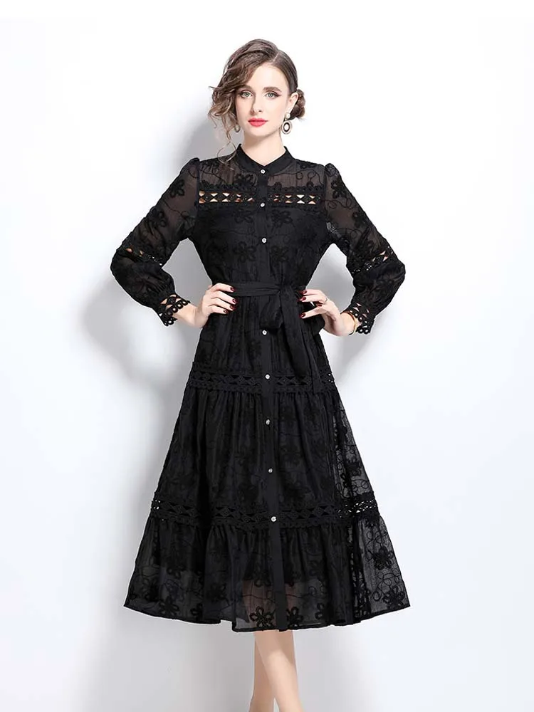Elegancka sukienka koszulowa z kwiatowym haftem z szarfami damska z długim rękawem koronkowa patchworkowa sukienka Midi drążą 2025 lato 5D085