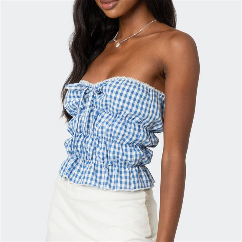 Vrouwen Rode Gingham Patroon Tube Tops Kant Voorkant Vastbinden Strapless Open Rug Crop Tops Y 2K Bandeau Slim Fit Cropped Tanks