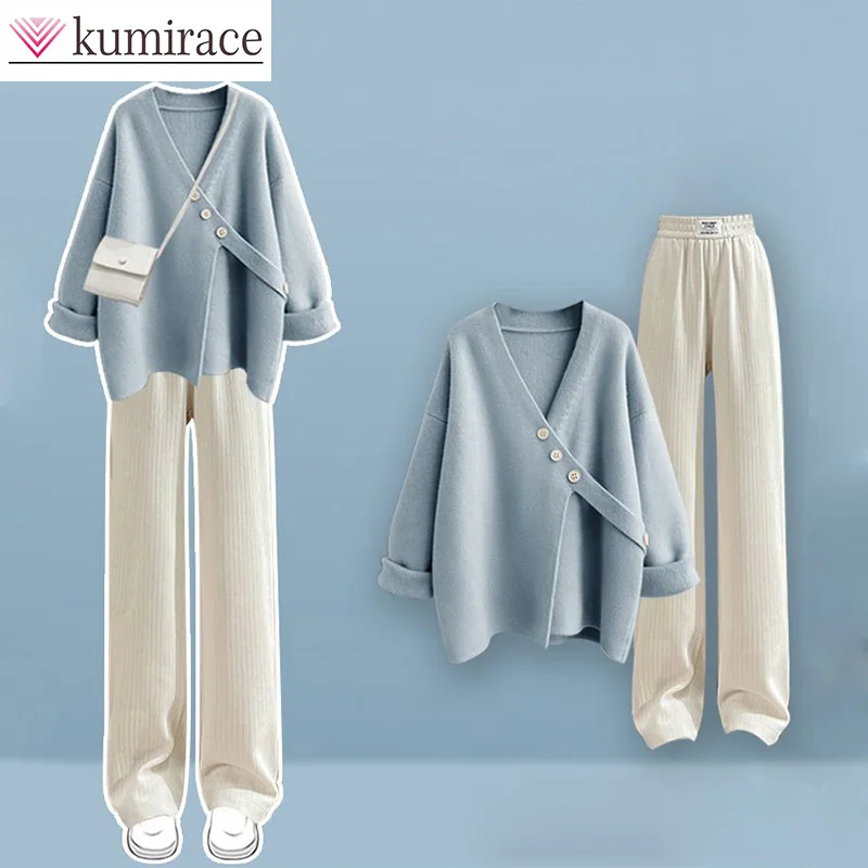 Conjunto de calças e camisola solta de malha feminina, versão coreana, versátil, casual, roupa de inverno, outono, novo, conjunto 2 peças, 2024