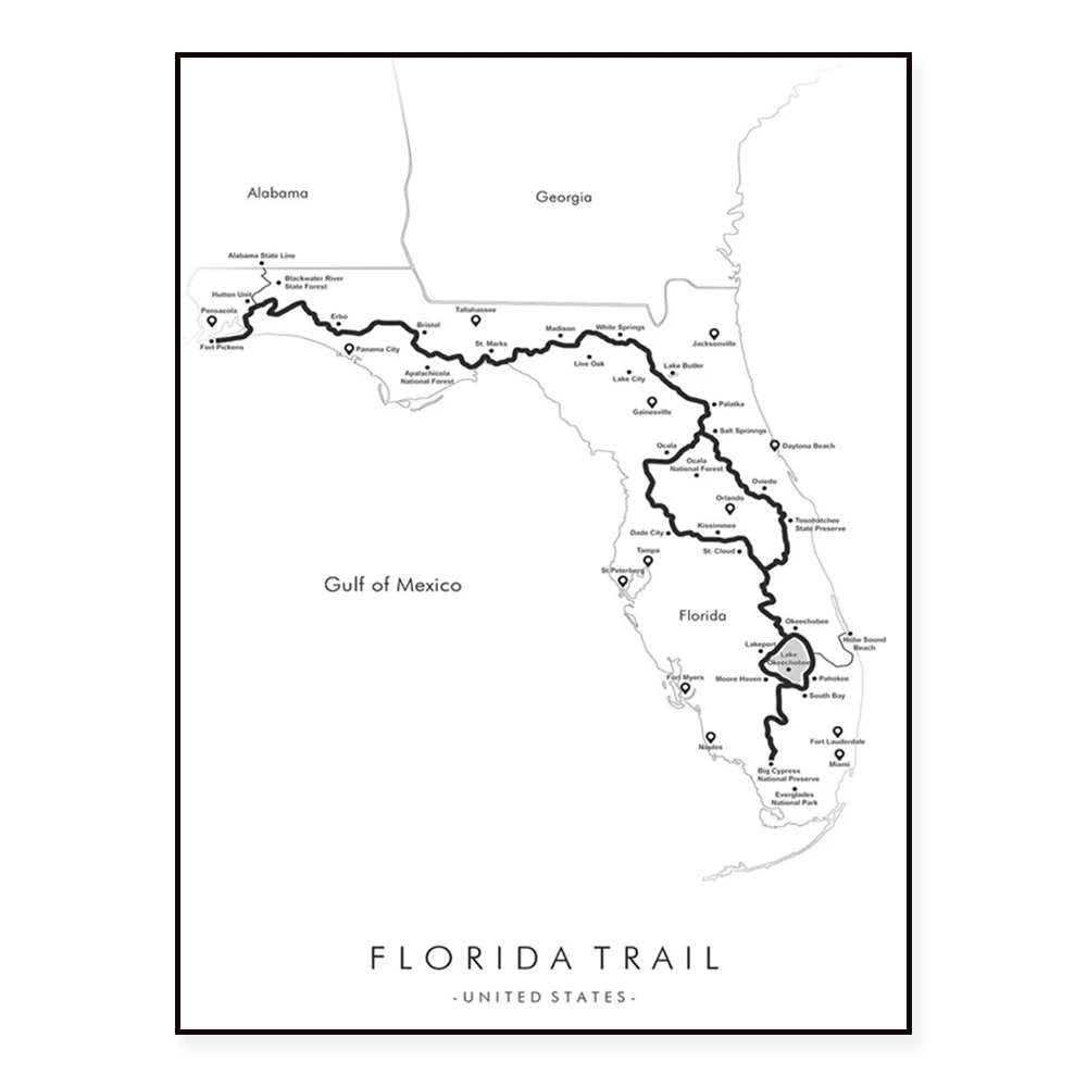 Florida Trail Map Art Poster - USA National Scenic Trail - Relive Your Adventures Wall Decor