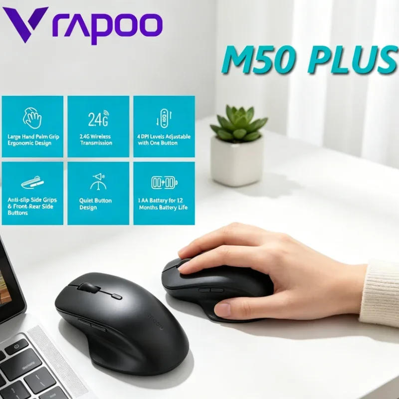 

Ultra Silent Rapoo M50 PLUS Optical Ergonomic Mice 2.4G Wireless Mouse 600 DPI Switch Designed For Big Hand For Office Use