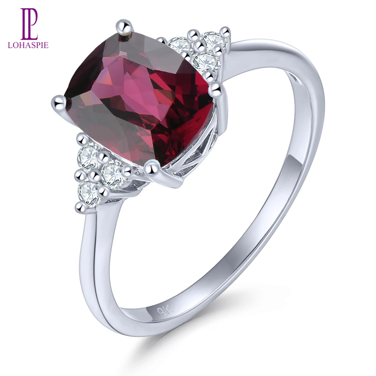 Lohaspie Natural Rhodolite Garnet Real 9K White Gold Ring 2.46 Carats Genuine Diamond Romantic Fine Jewelry Style Gifts