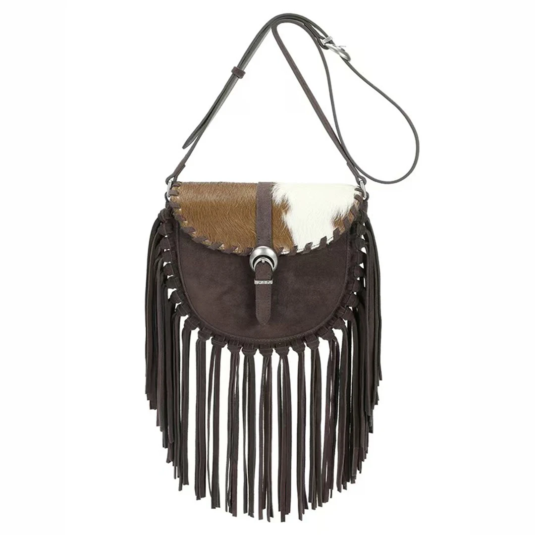 Mendy Women Saddle Bag Crossbody Shoulder Handbag Purse Suede Cowhide Tassel Fringe Boho Western Vintage Patchwork Daily Travel