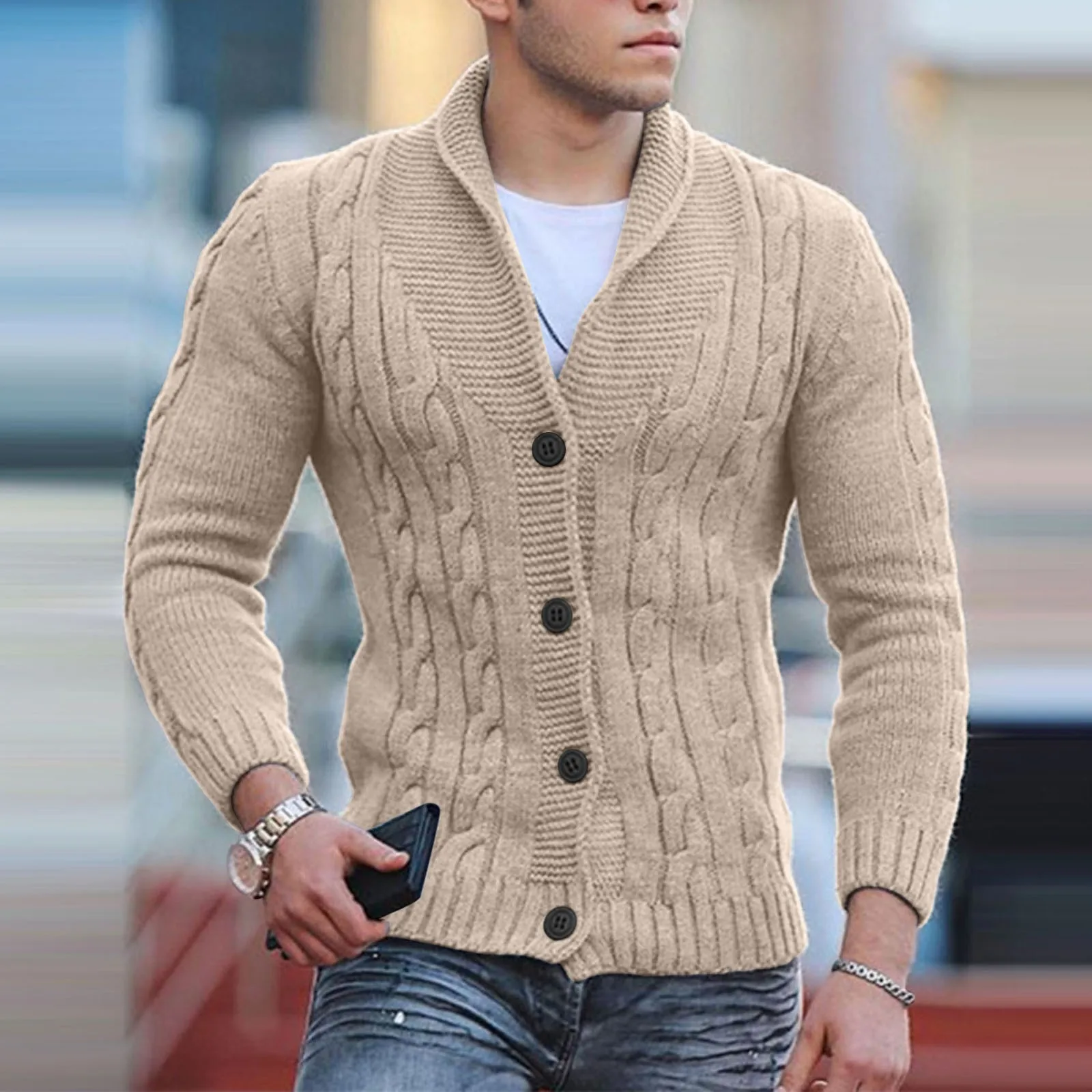 

Mens Autumn Fashion Solid Color Knit Cardigan Sweater 2024 New Shawl Collar Loose Fit Long Sleeve Single-breasted Cardigans