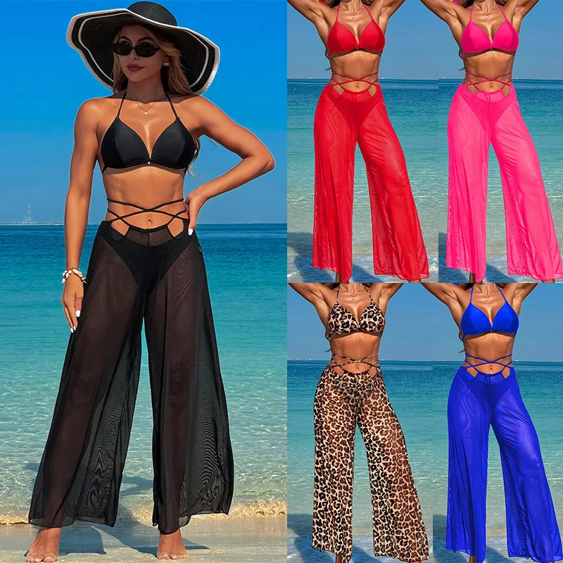 Damen-Badeanzug, 3-teilig, Push-Up-Badeanzug, Bikini-Set mit transparenten Hosen, sexy Streifen, Strand-Vertuschung, Neckholder, Strandmode
