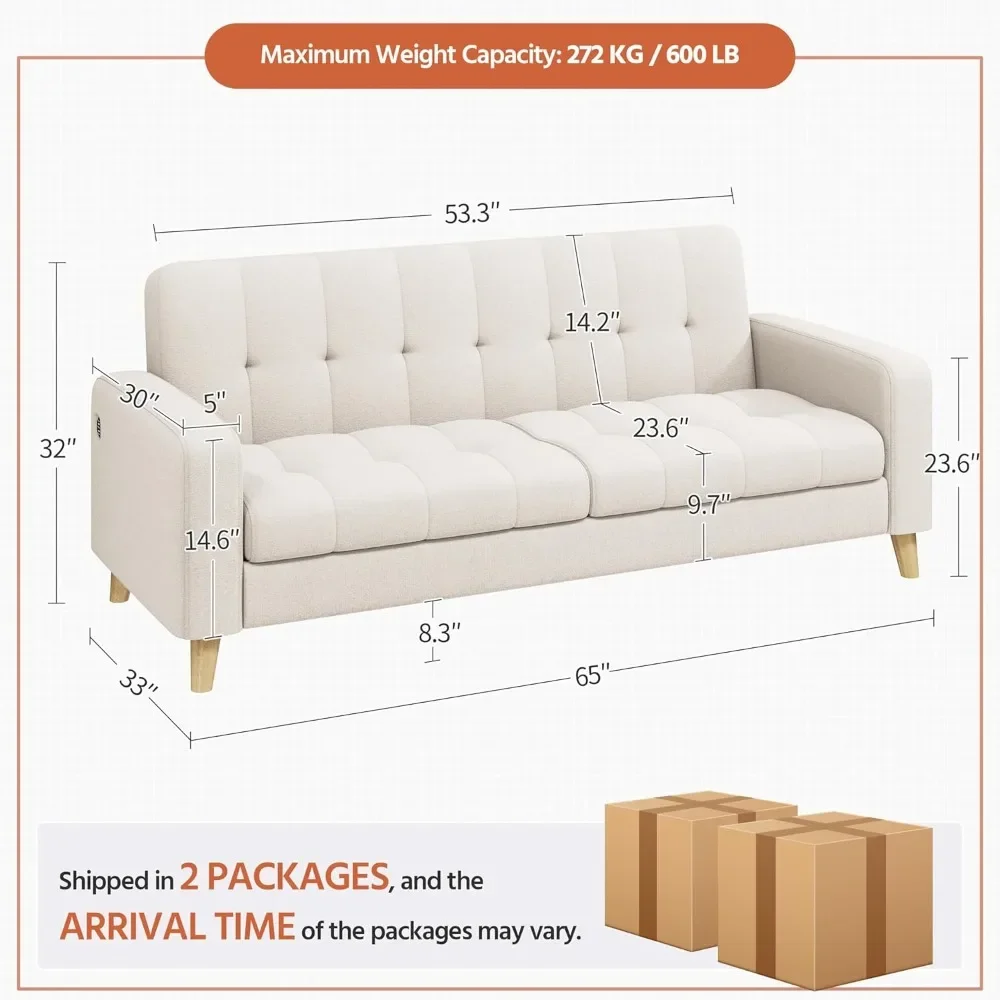 2-Seater Fabric Sofa Loveseat with USB Ports Mid-Century Modern 65? W Couch Sofa with Solid Wood Legs for Living Room