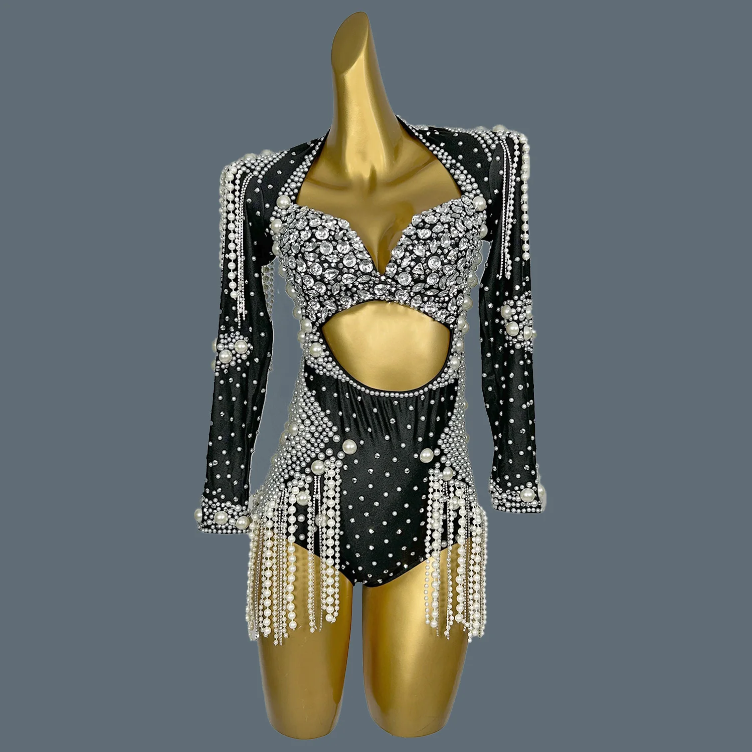 Lśniące luksusowe obcisłe body kobiety seksowne perły Rhinestone frędzle strój sceniczny wydajność kostium taneczny strój do klubu nocnego Cangxuan