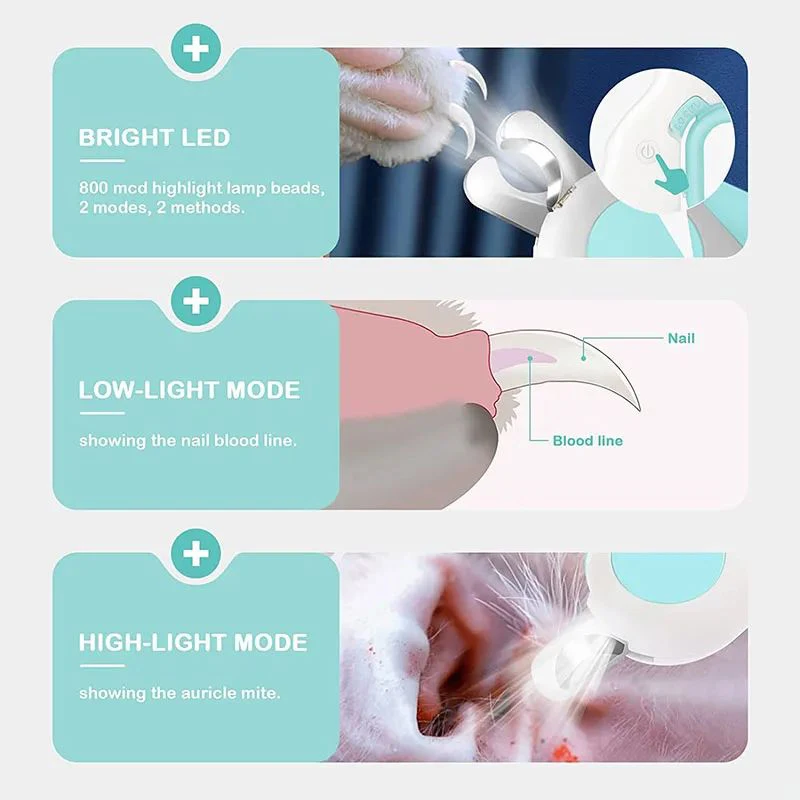 LED 조명 고양이 개 손톱깎이 커터, 안전 잠금 장치가 있는 전문 애완 동물 발톱 트리머, 강아지 새끼 고양이 동물 관리 손질 도구 키트