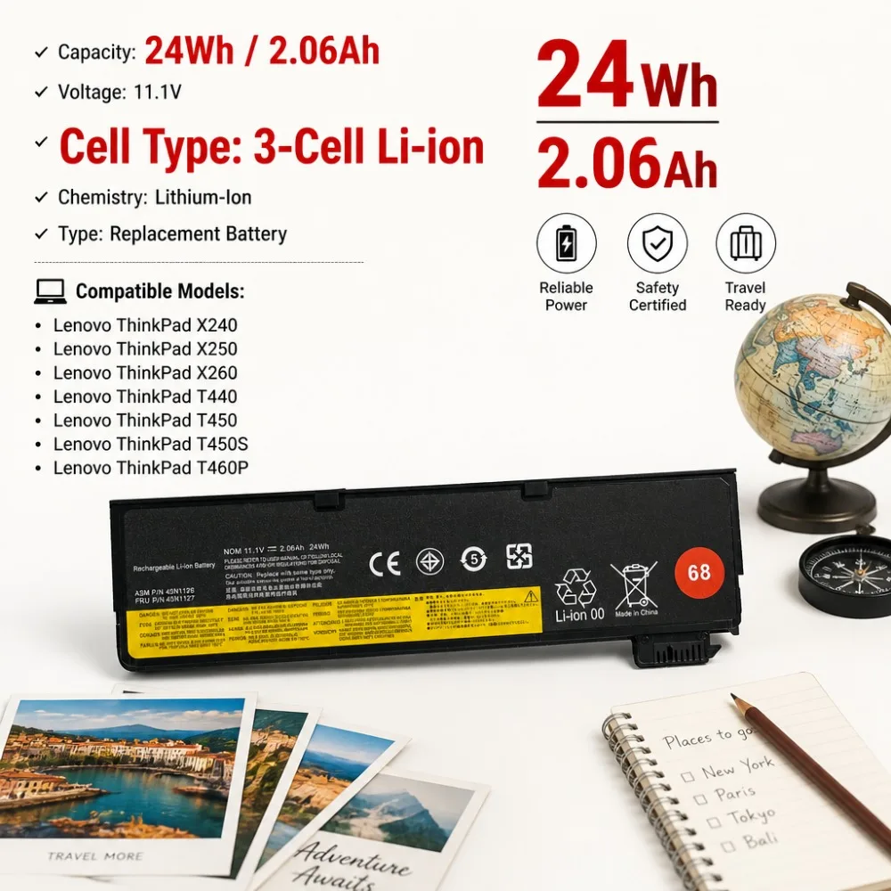 11.1V 2.060mAh 24Wh 3-Cell Laptop Battery For Lenovo ThinkPad X240 X250 X260 T440 T450 T450S T460P, Li-ion Replacement