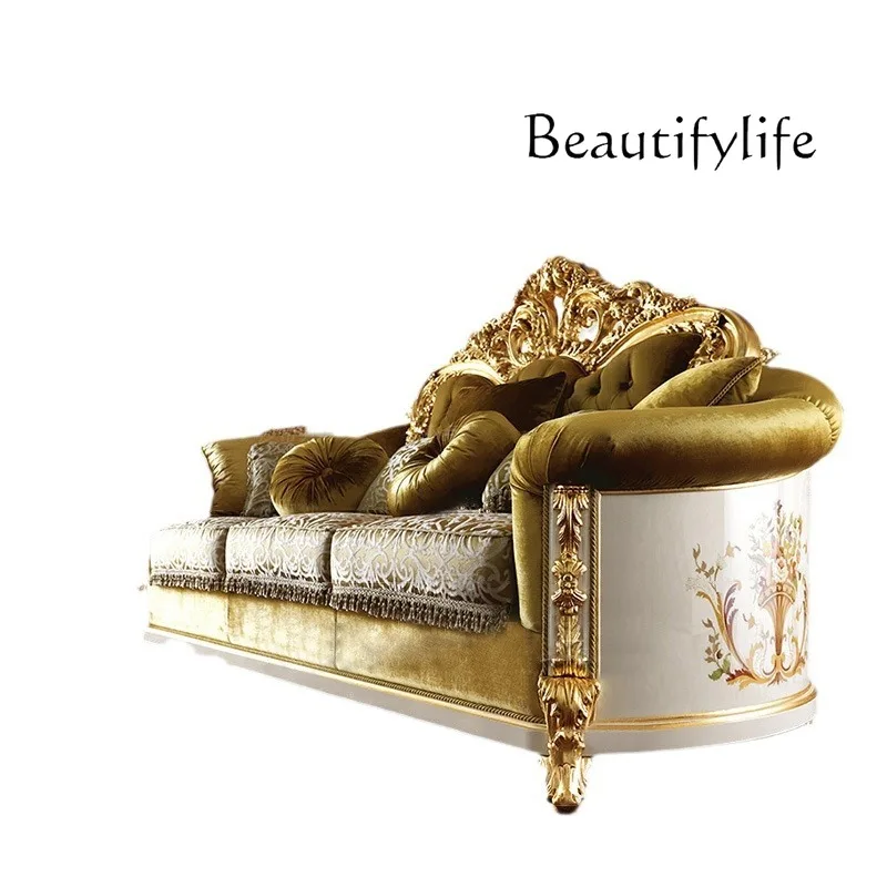 Luxury European fabric sofa solid wood carving flower living room French court villa furniture designer