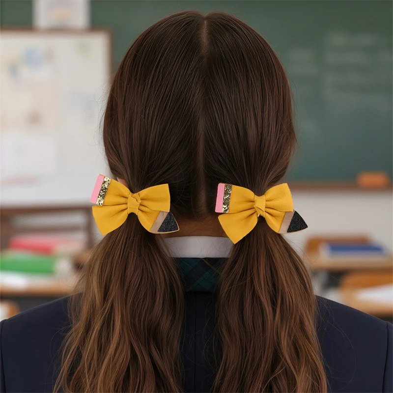 2pcs/set Pencil Design Colorful Ribbon Alligator Hair Clips – School Headwear for Girls, Cute Fabric Bow Barrettes.