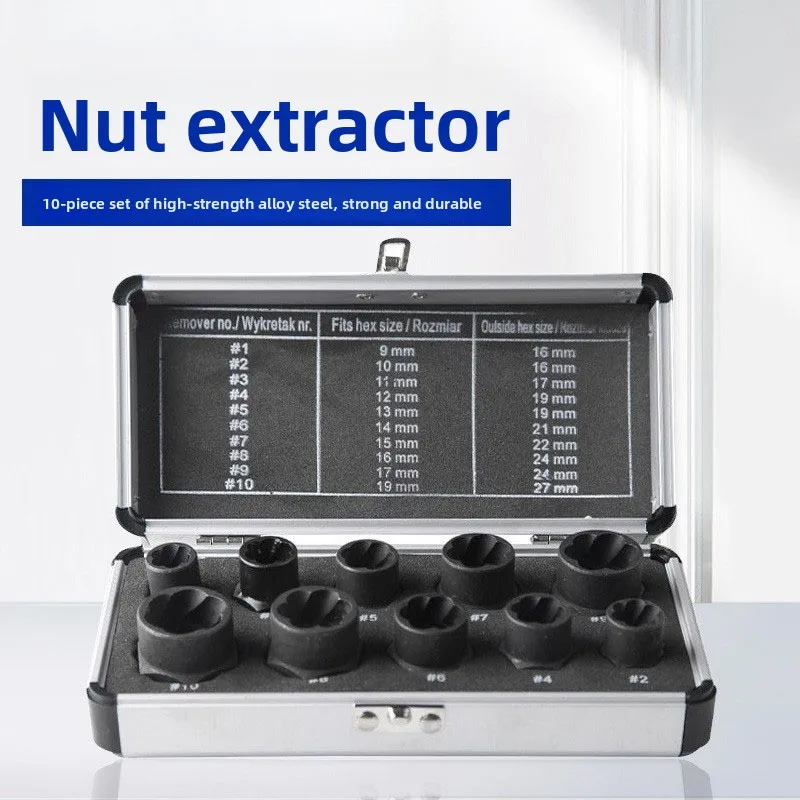 

10 piece aluminum box with broken nuts and bolts, tool for extracting hexagonal screws from socket heads