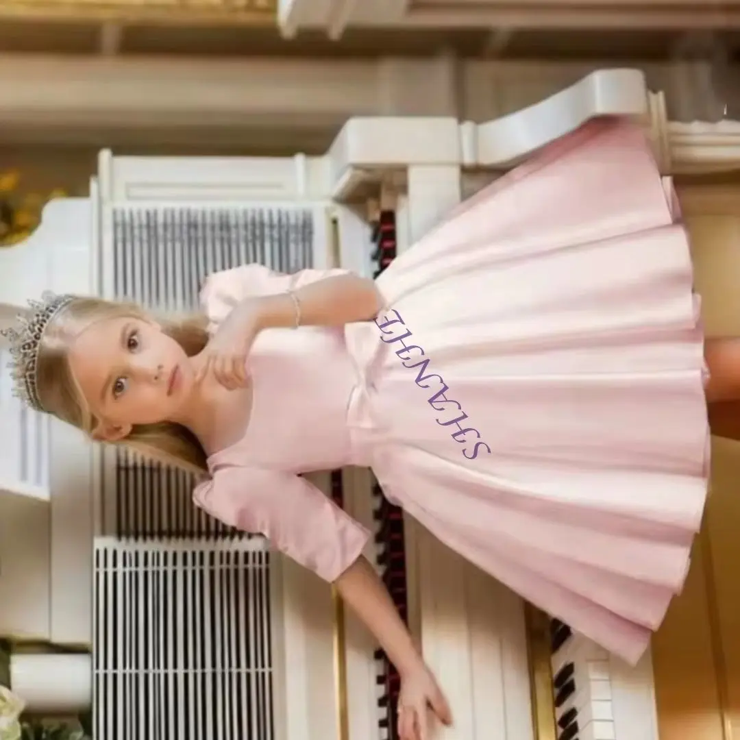 

Элегантное светло-голубое атласное платье для девочек с поясом, на заказ, для свадьбы, причастия, вечеринки и выпускного бала, с коротким рукавом