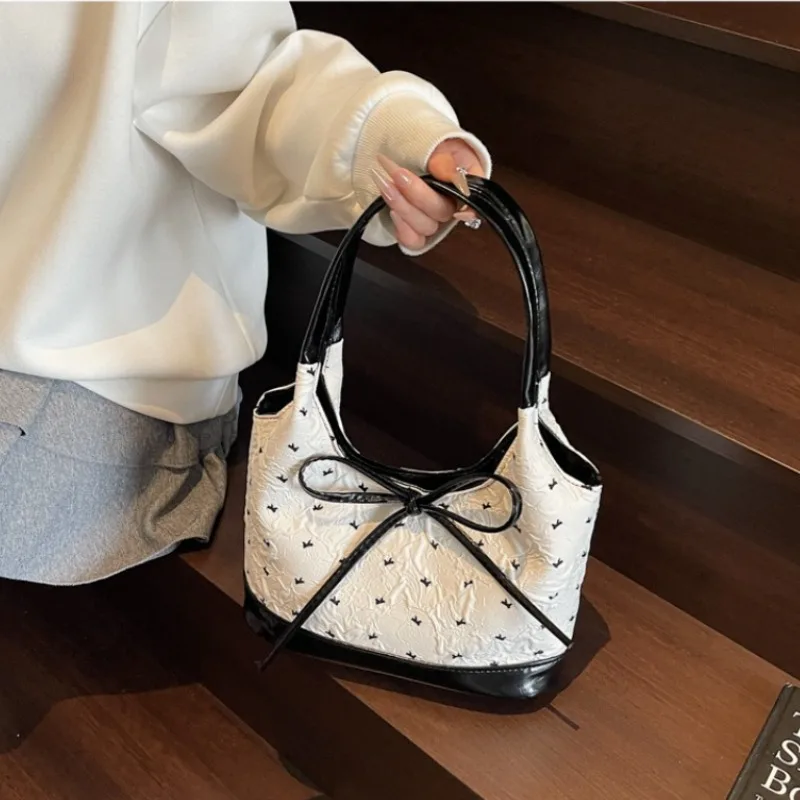 Cute Pink Bow Tote Bag Contrast Handbag Shoulder Bag Large Capacity Soft Fabric Daily Shopping Casual Handbags Purses for Women