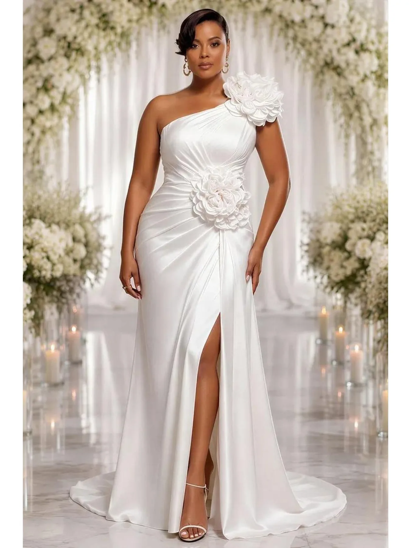 Plus Size Satin One Shoulder Maxi Party Dress 3D Floral Appliqué Ruched Waist Side High Slit Mermaid Formal Wedding Evening Gown