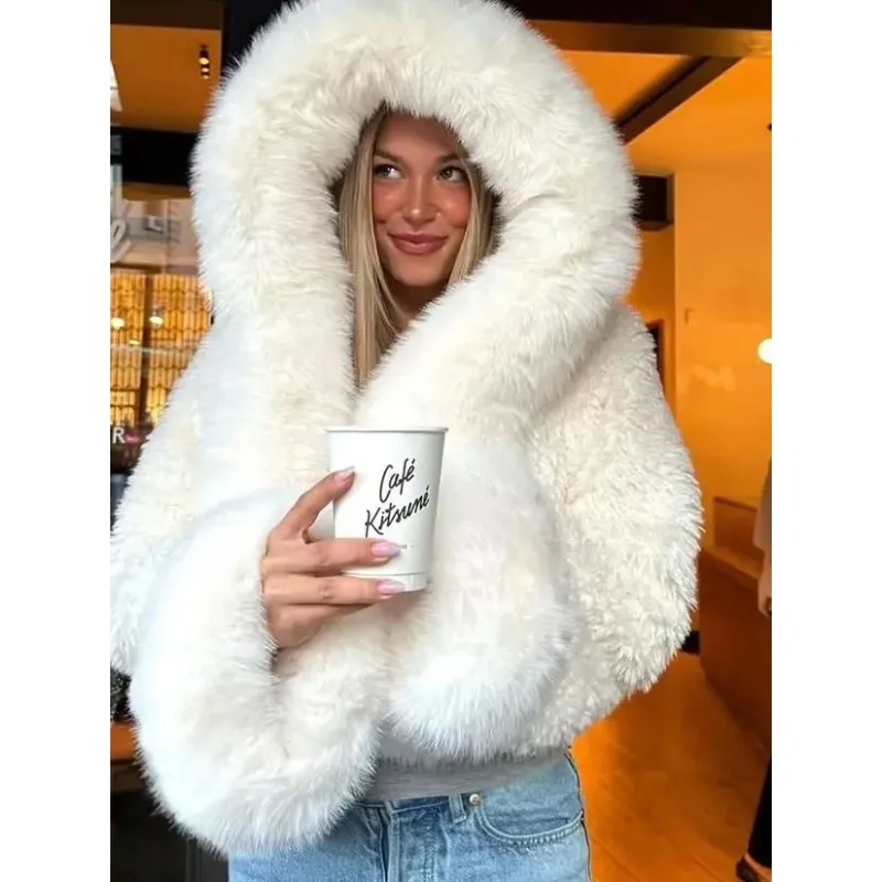 

Женская короткая куртка из искусственного меха с отложным воротником, длинными рукавами, капюшоном, свободного кроя, утепленная, мини-длина, для вечеринок и повседневной носки