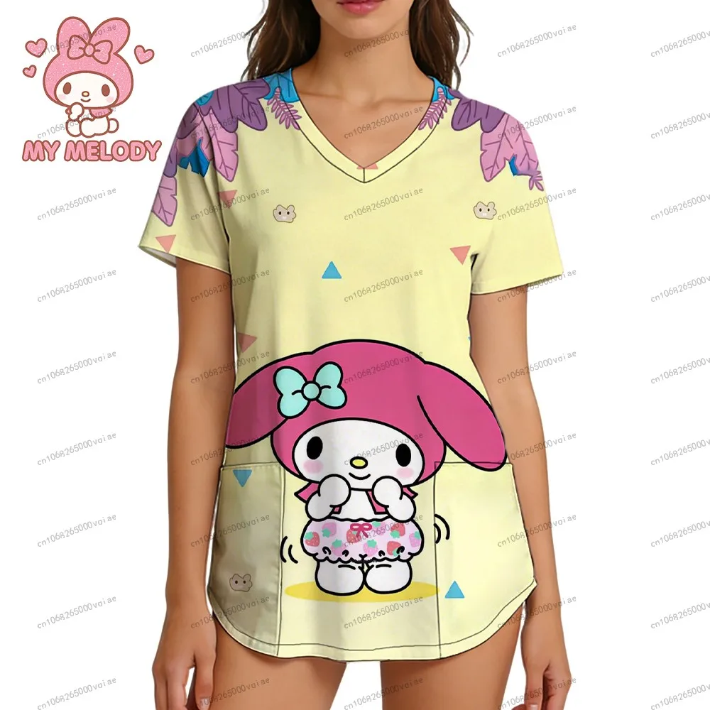 

2026 New Pocket Sanrio My Melody Fashion Women's Nurse Uniform V Neck T Shirt Woman Clothes Summer S-2XL Cartoon Streetwear Top