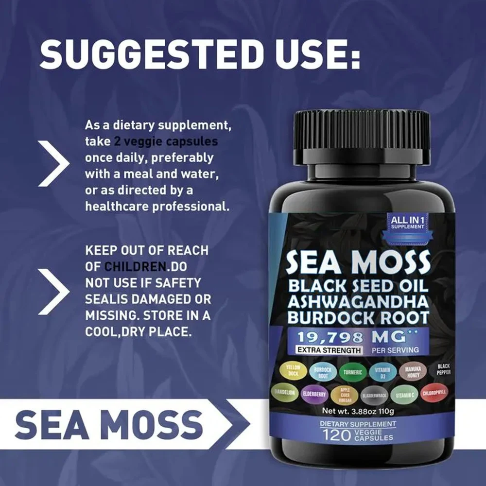 Seaweed Premium Super Capsules - High Potency, Vegan, Black Seed Oil, Ashwagandha, Turmeric - Overall Health, Immune, Joints