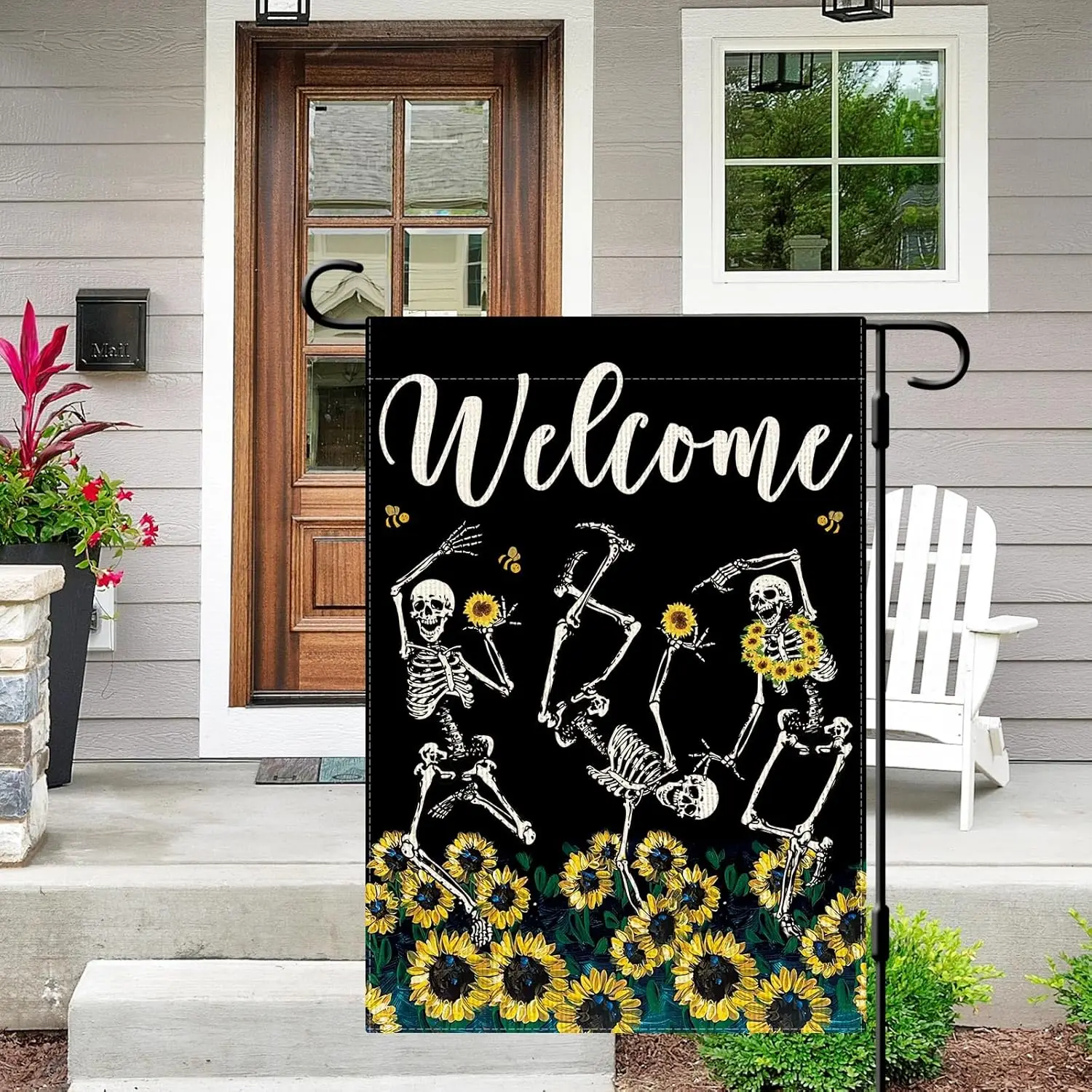 DLZDN Welcome Sunflower Skeleton Garden Flag Funny Summer Garden Flag 12×18 Inch Double Side Vertical Burlap Farmhouse Yard  IIX