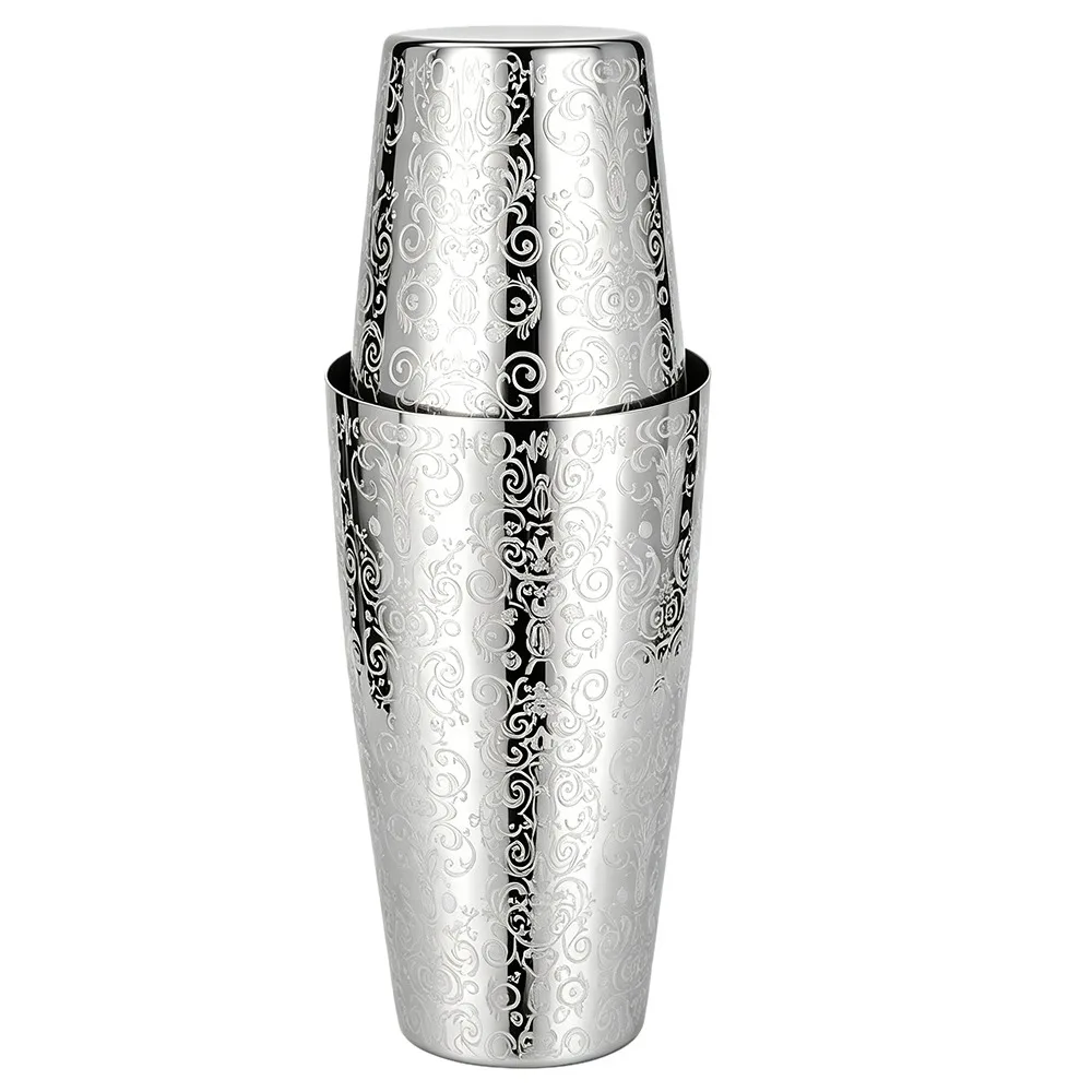 

2 Piece Set Etched Pattern Boston Shaker Metal Stainless steel Cocktail Shaker Set Silver Weighted Tins Drink Mixer