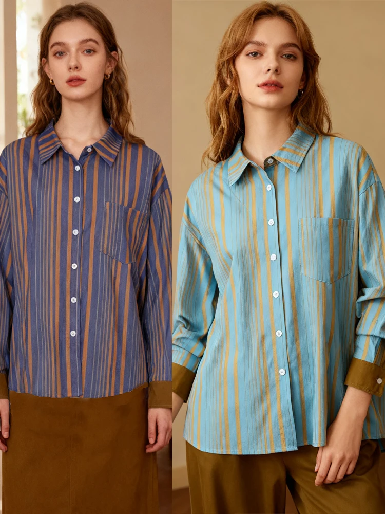 

Новая ретро контрастная полосатая карманная повседневная рубашка с длинным рукавом и пуговицами, короткая спереди и длинная сзади, элегантная крутая женская верхняя блузка для девочек