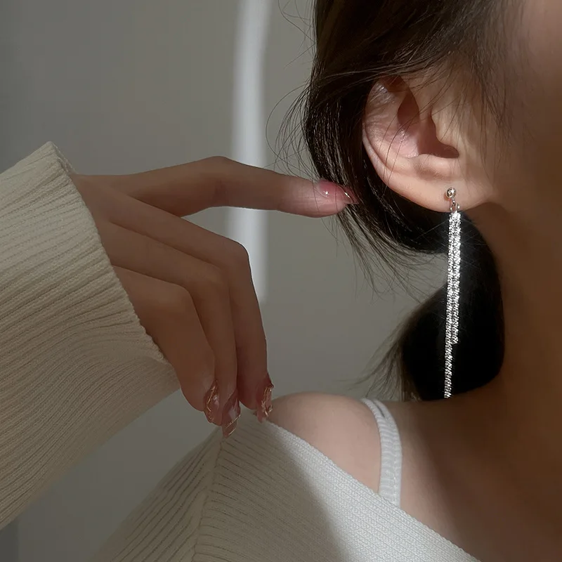 Luxury Sparkling 925 Sterling Silver Full Zircon Long Tassel Stud Earrings for Women Girl Dinner Party Jewelry Accessories Gifts