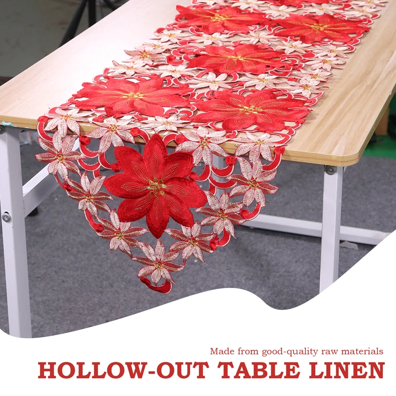 Christmas Embroidered Table Runner,Hollow-Out Tea Tablecloth,For Restaurant Dinning Xams Party Banquet Events,15X70 Inch