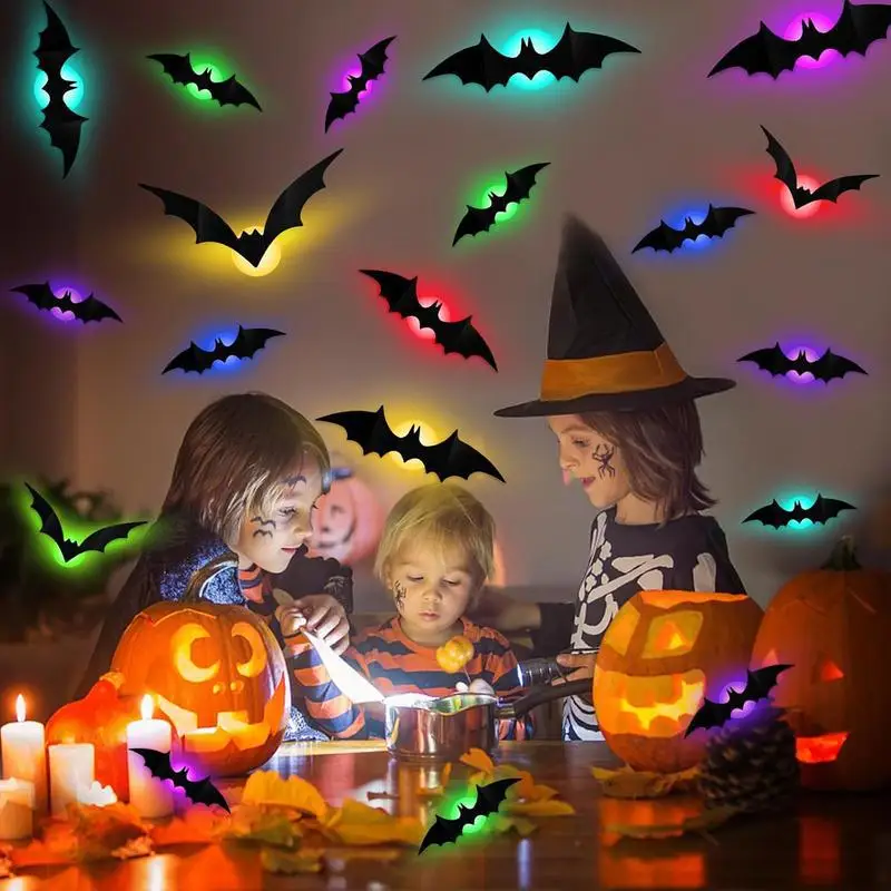 LED Halloween 3D Spider and Bat Wall Sticker Spooky Window Party Decoration Haunted House Atmosphere Lights Home Decor