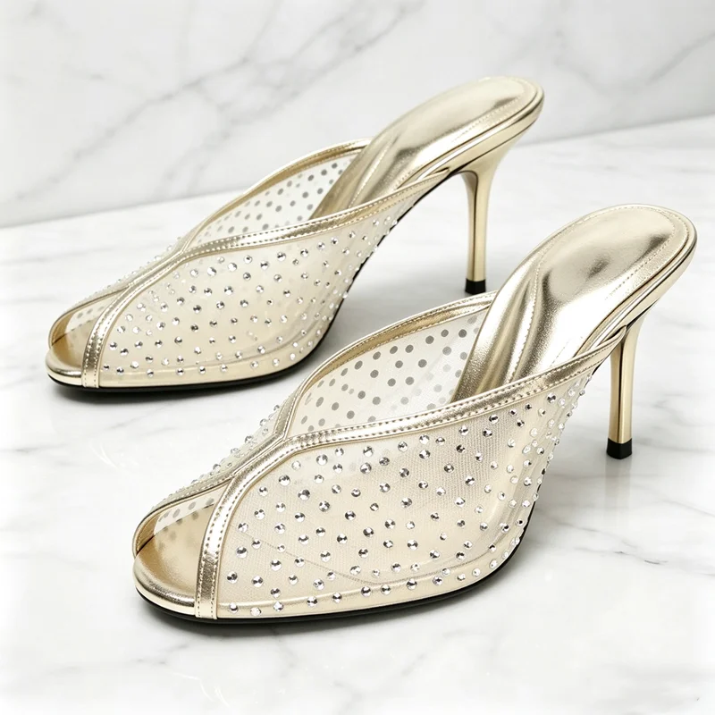 Luxury Rhinestone Detail Mules Sandals Women Sexy Peep Toe High Heel Slippers for Ladies Elegant Banquet Shoes Summer Mesh Shoes
