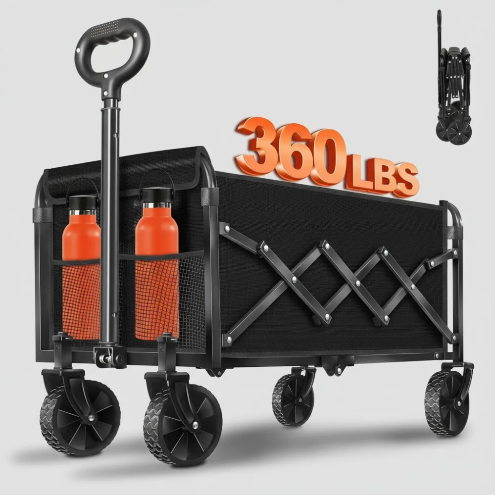 

Foldable Wagon Cart with Wheels, Lightweight Portable All Terrain Utility Cart for Beach Camping Sports Garden
