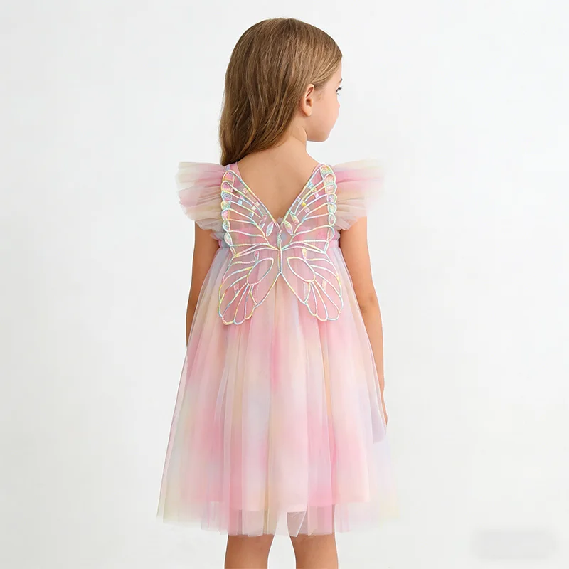 Kid Girl Enchanting Rainbow Colored Tulle Dress Layered Gradient Tulle Sparkling Butterfly Wings Skirt for Children Performance