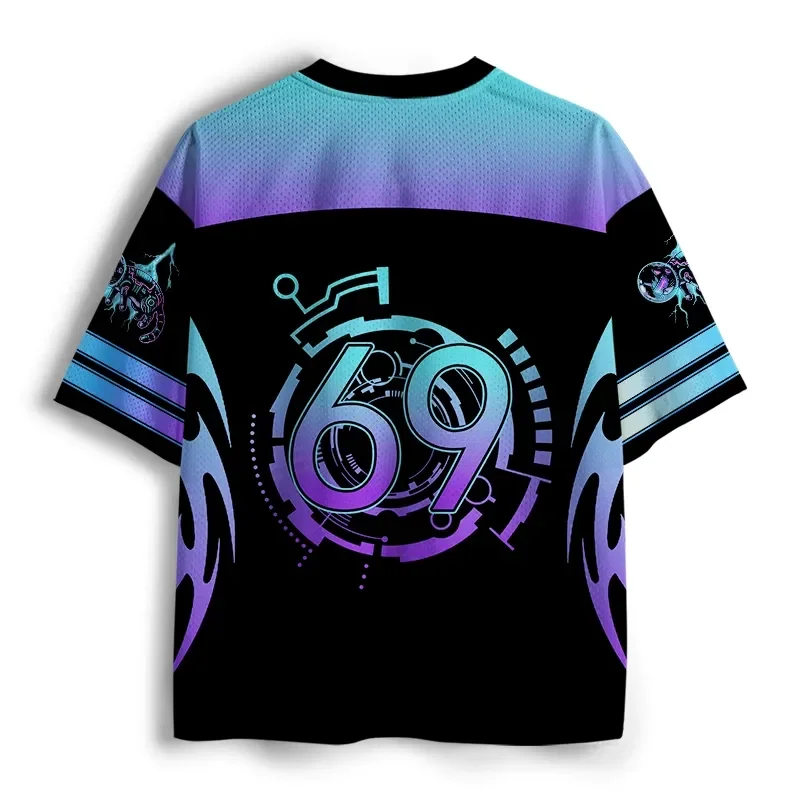 Men Women Cyberpunk Space Cat V Neck Jersey Short Sleeve Oversized Streetwear Casual Sports Shirt Purple Blue Gradient Y2K Top