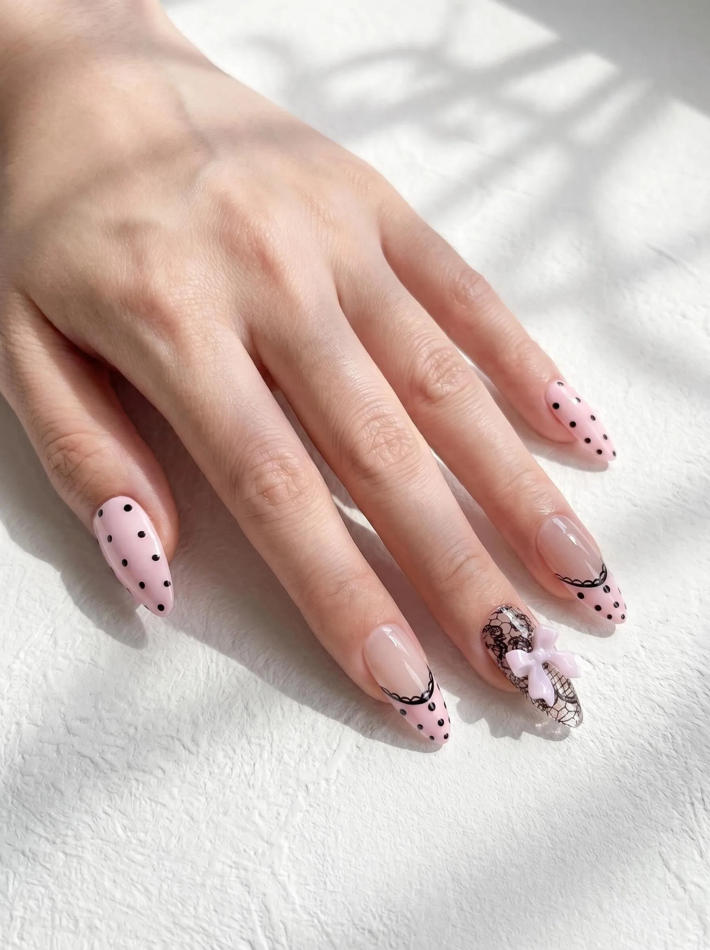 10PCS Handmade Press on Nails Pink Polka dots Nails Almond False Nails Bow Trendy Design Wearable Reusable Full Cover Fake Nail
