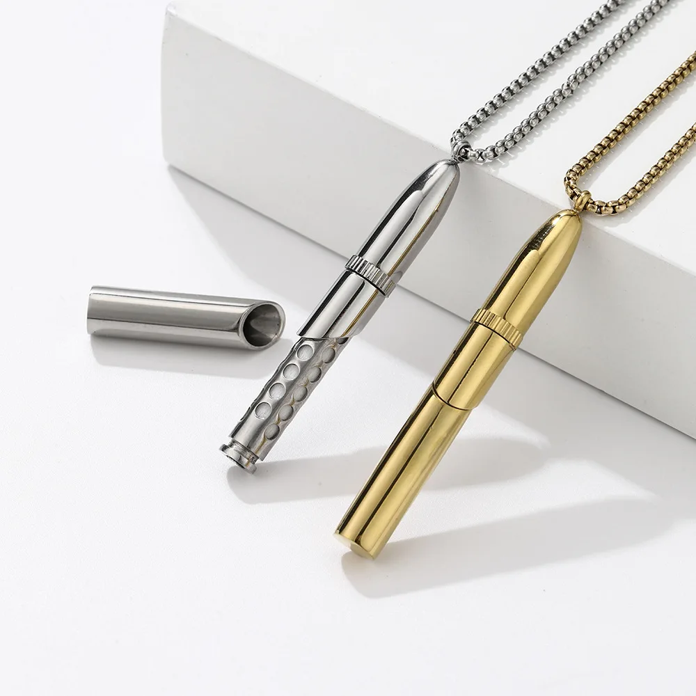 Rocket Perfume Bottle Necklace Stainless Steel Glossy Pendant Geometric Engraved Pendant Threaded Open For Aroma Cotton Refill