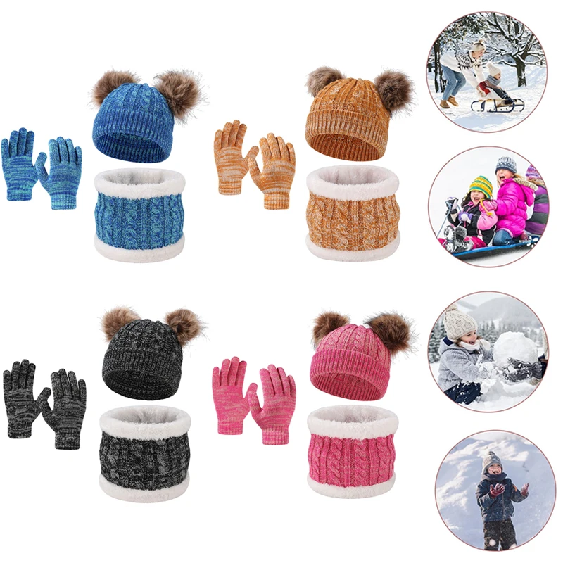 Beanies Baby Hat Pompom Winter Children Hat Knitted Cute Cap Scarf Gloves Suit For Girl Boy Casual Solid Color Hat Baby Beanies