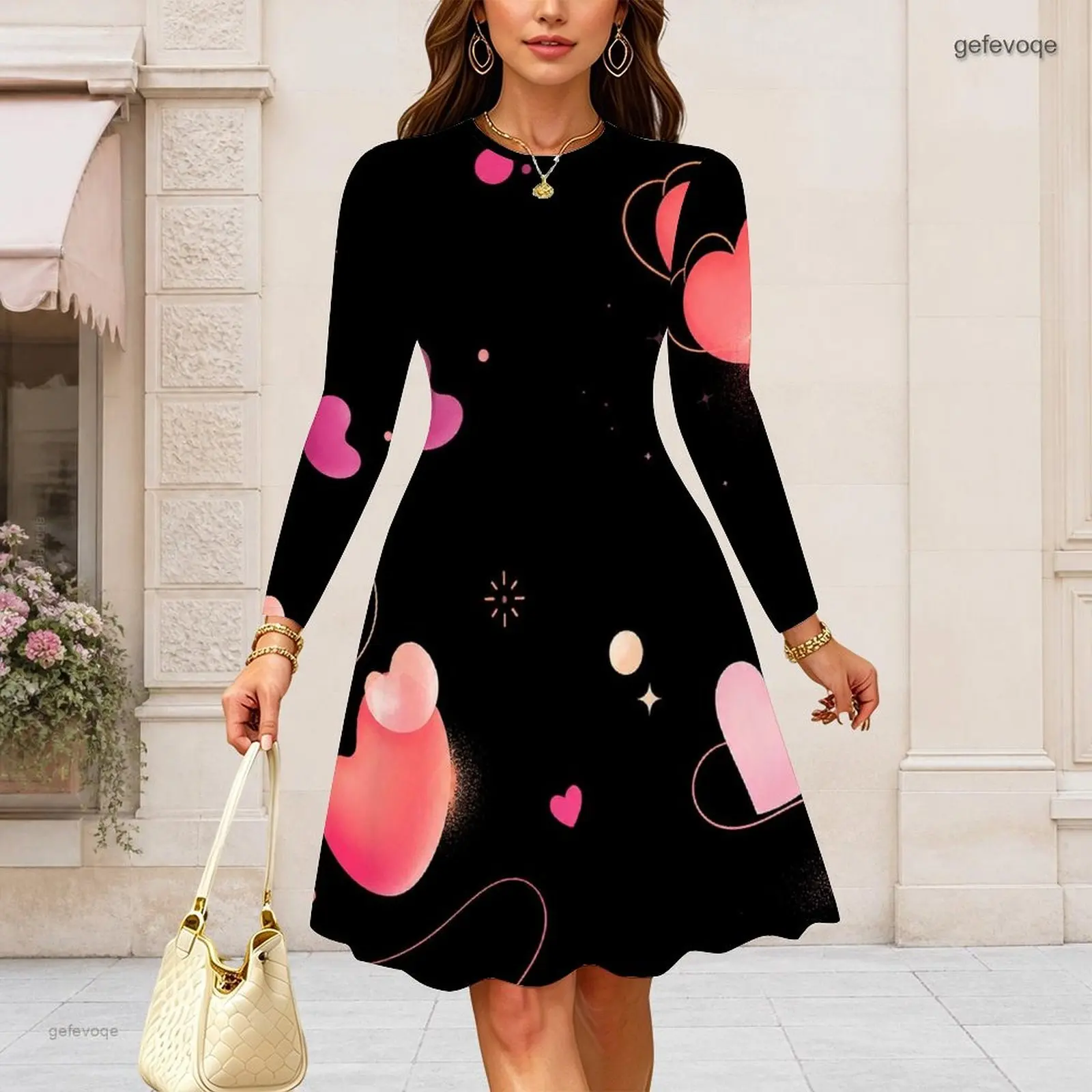 Women Round Neck Long Sleeve Midi Dress Slim Fit Waist A Line Swing Dresses Custom Print Lady Daily Party Dress