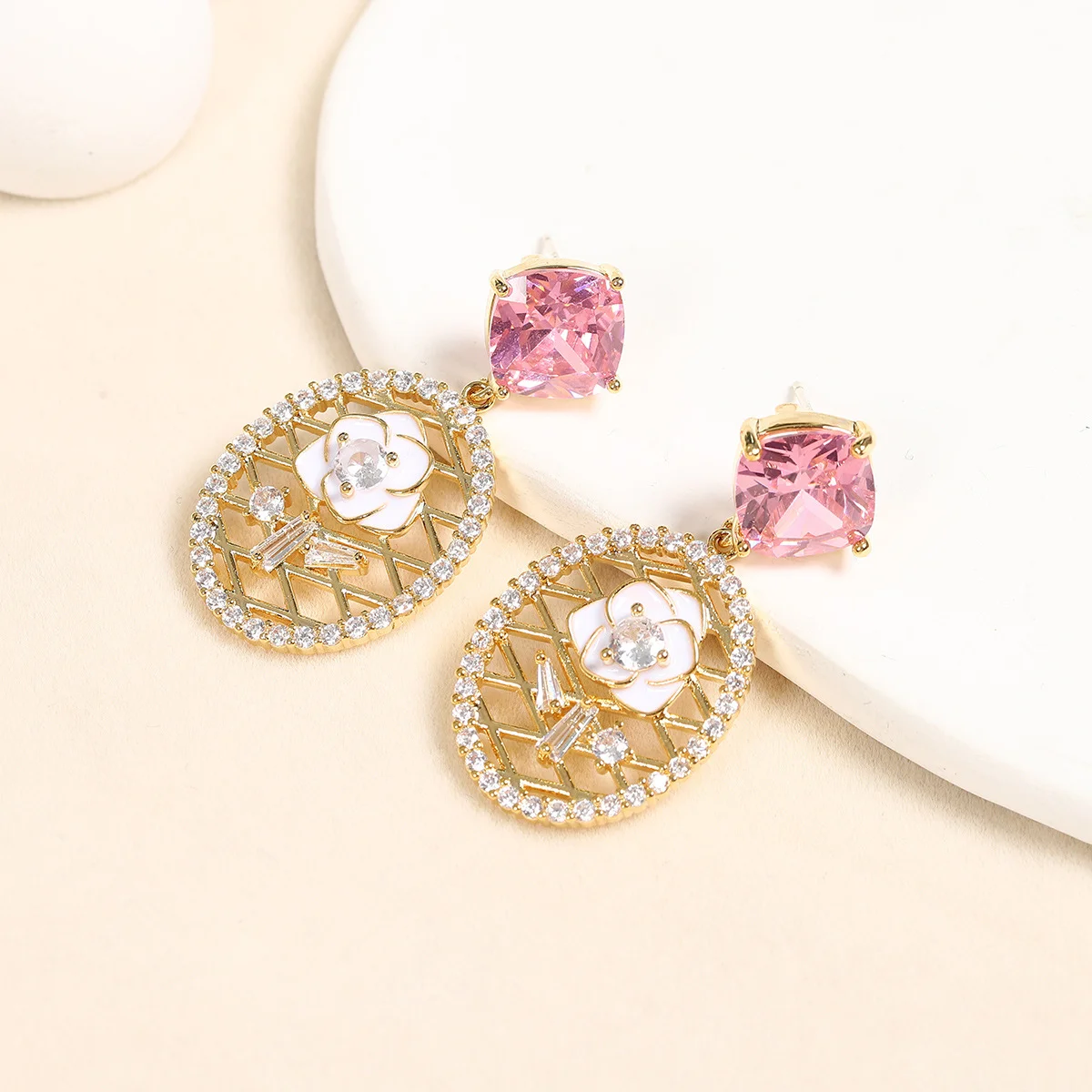 

925 Silver Needle Pink Gemstone & White Flower Drop Earrings, Gold-Tone Statement Jewelry for Women Party Daily Wear
