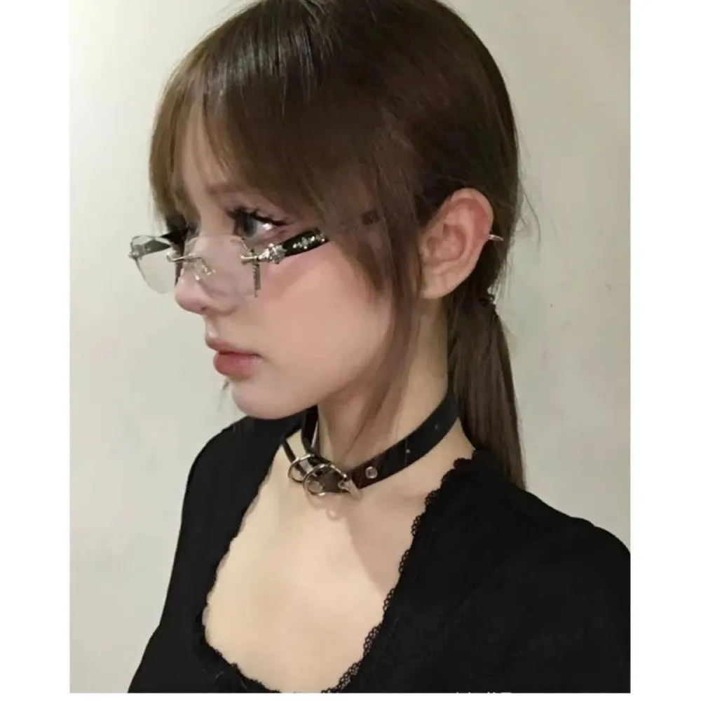 Y2K винтажные безрамные очки с обрезанными краями, защита глаз, очки с защитой от синего света, металлические очки для путешествий