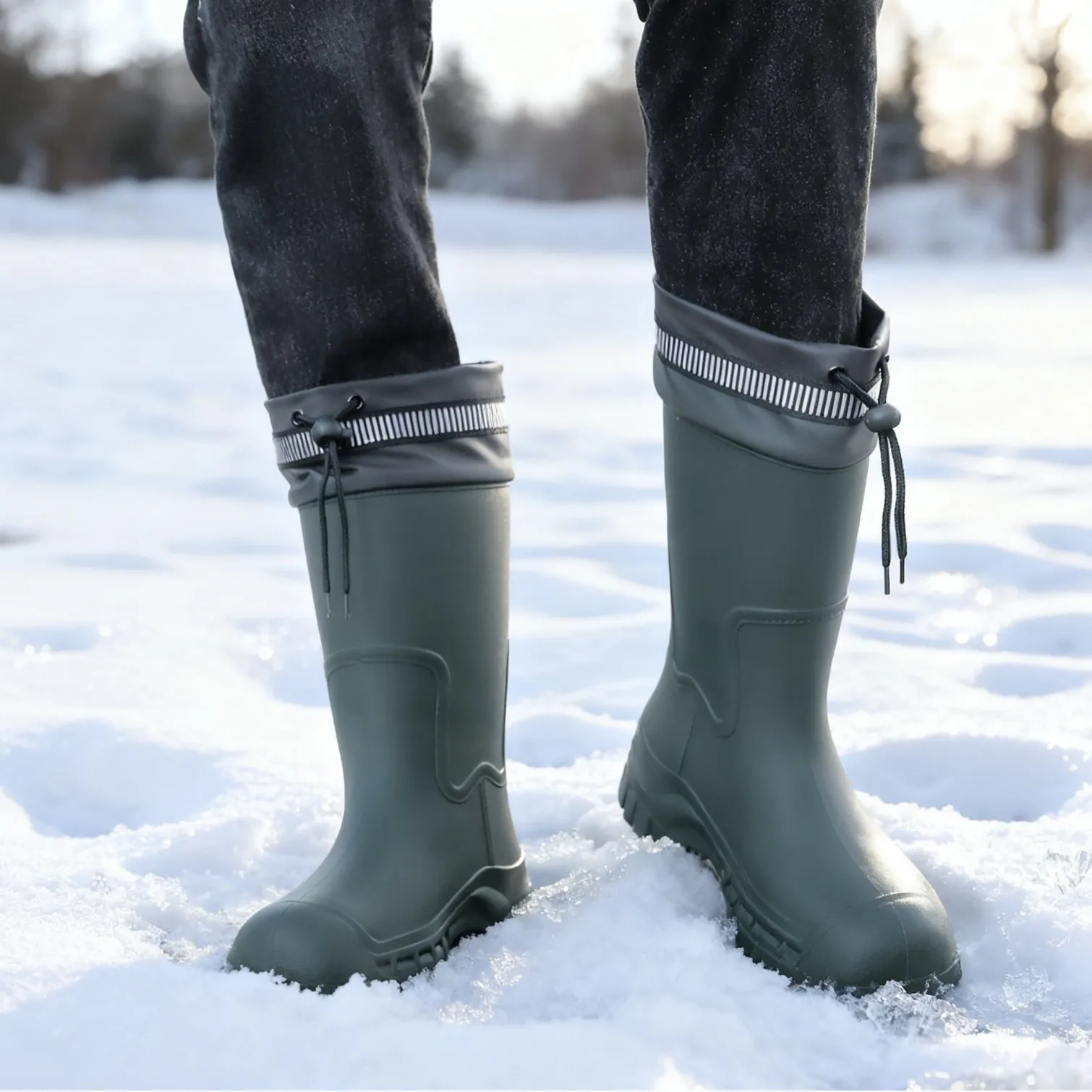 Winter Men's Snow Boots Waterproof Anti-slip Rain Boots Plus Velvet Thickened Boots Anti-cold  Drawstring Warm Fishing Rain Boot