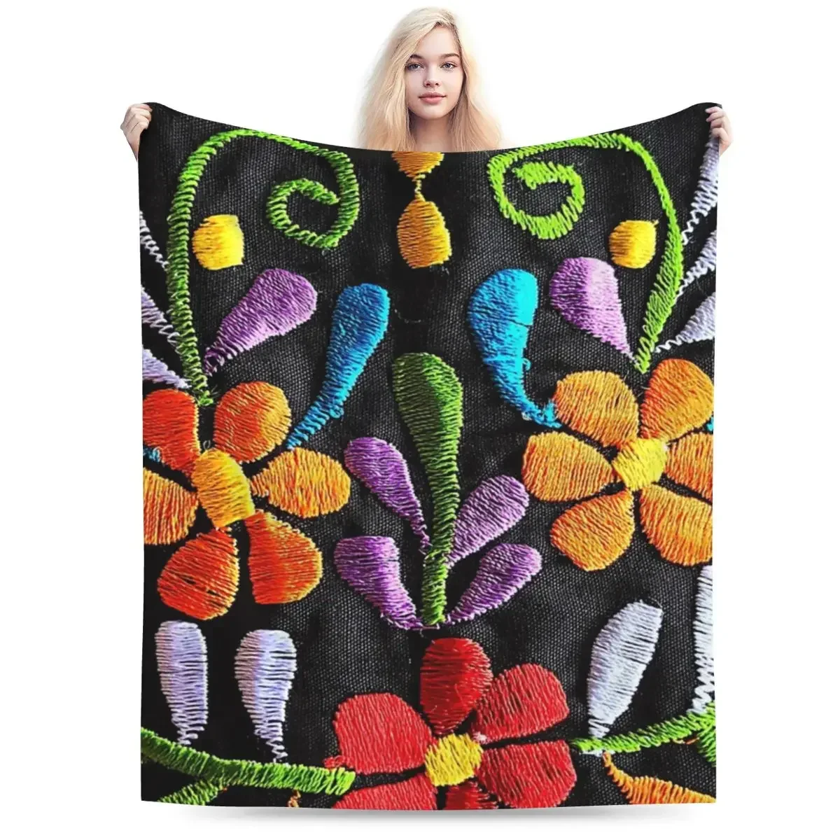 Flannel Throw Blanket Mexican Flowers Blankets Soft Bedding Warm Plush Blanket for Bed Living room Picnic Travel Home Sofa