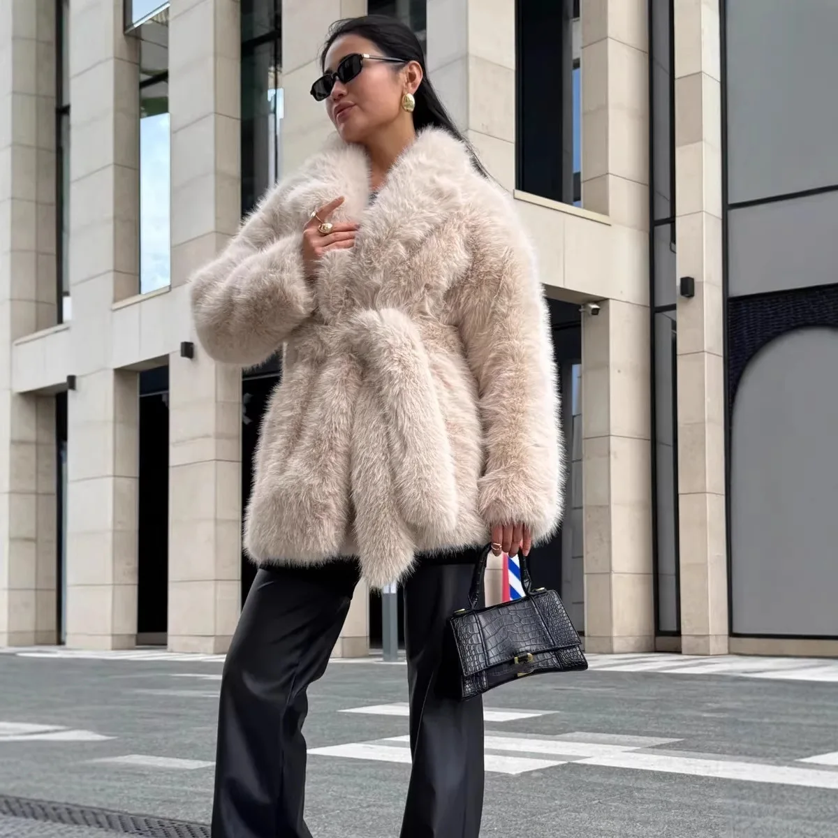 Women Faux Fox Coats Solid Mid Length Fur Jackets Lace Up Lapel Collar Long Sleeves Thick Loose Casual 2025 Autumn Winter