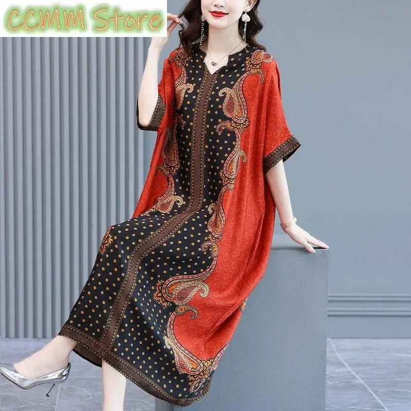 

Folk Paisley Printed Long Dress Stylish Spliced Women's Clothing Casual V-Neck Summer Short Sleeve Vintage A-Line Loose Dresses