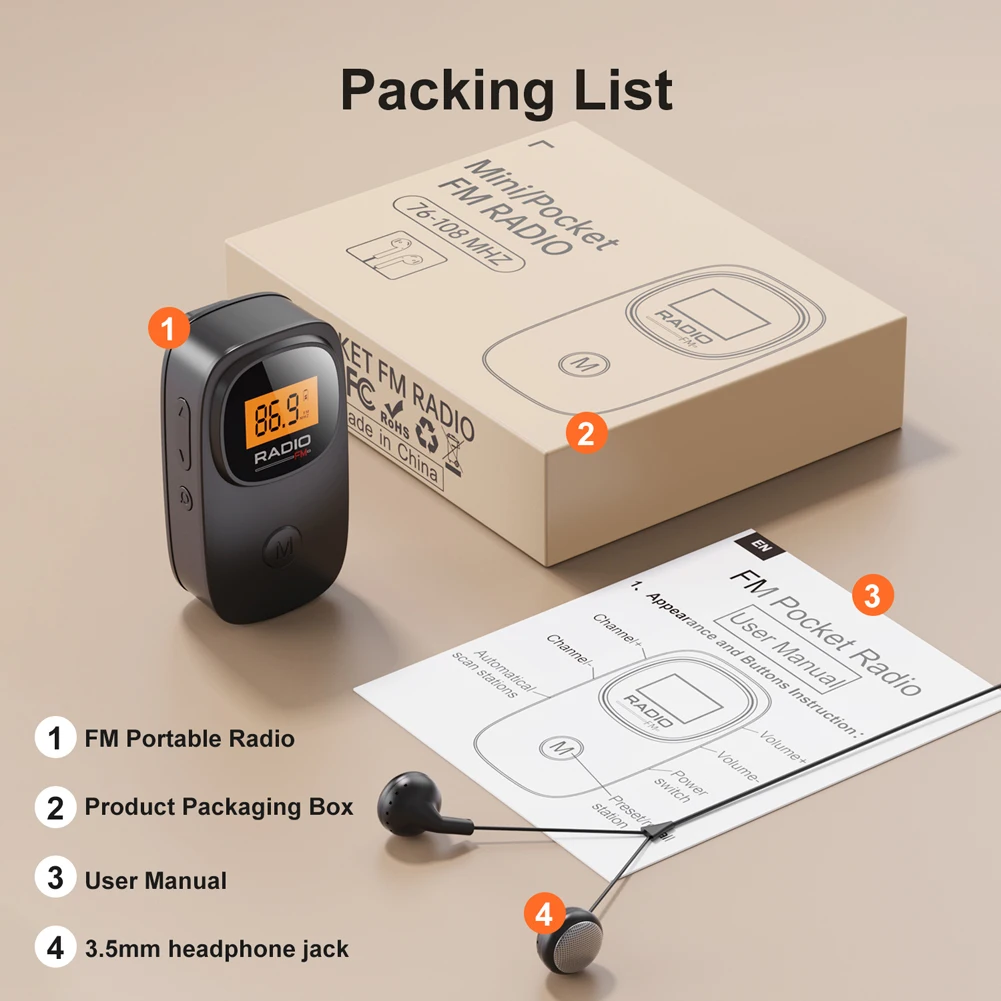 Portable Radio Digital Tuning FM Radio with Earphone Battery Operated Radio with Clip for Home Outdoor